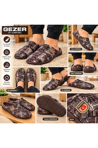 Gezer Erkek Ev Terliği Kahverengi Desenli Rahat Tabanlı Günlük Kullanım Terliği