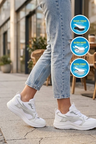 Walkway Beyaz-gri Fileli Bağcıklı Nefes Alan Rahat Tabanlı Unisex Yürüyüş Ve Spor Ayakkabı 26106 G Beyaz - Gri