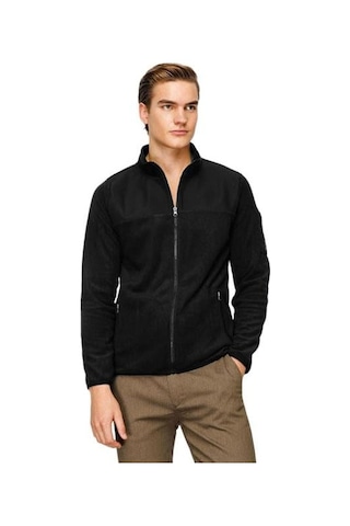 İgs Siyah Erkek Polar Sweatshirt Tam Fermuarlı Dik Yaka Model-10026