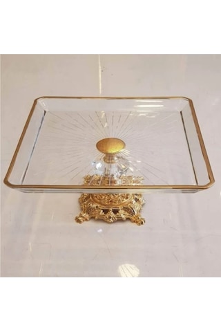 Argkristal Metal Ayaklı Gold Detaylı Paşabahçe Madlen Sunum Servis Tabağı Altın