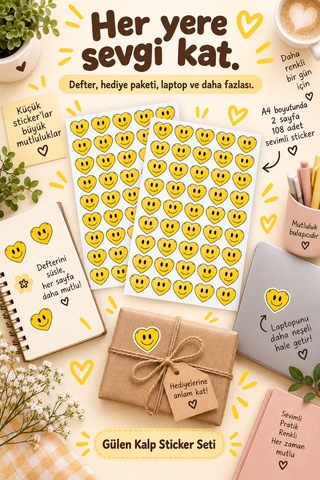 Gülen Kalp Sticker Seti 108 Adet 2 Sayfa Sarı Gülücük Kalp Sticker Defter, Laptop, Hediye Süsleme Etiketi Çok Renkli