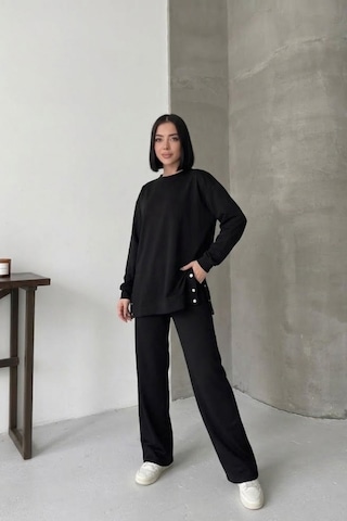 Soft&basic Rahat Kesim Uzun Kollu Yanları Çıt Kapamalı Premium Yumuşak Kumaş Eşofman Takımı Siyah