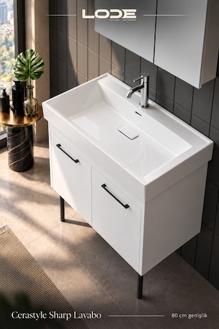 Lode Palis Ayaklı Set %100 Mdf - Alt Dolap - Üst Dolap - Cerastyle Sharp 80 Cm Seramik Lavabo Dahil Beyaz