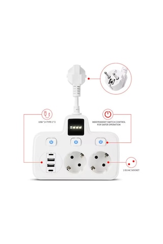 Termal Akım Korumalı 2'li Duvar Tipi Priz 2x Usb 2x Type-c Çıkışlı Priz Çoğaltıcı Beyaz Çocuk Kilit 0 M