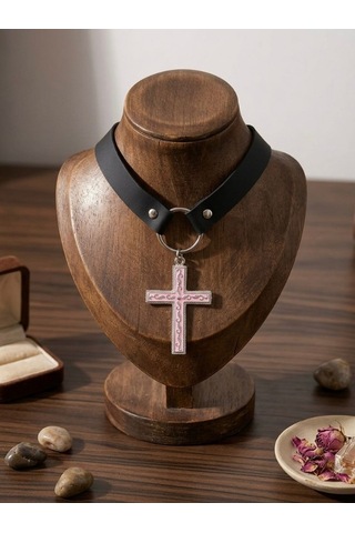 Kadın Gotik Haç Choker Kolye Siyah Deri Boyunluk, Taşlı Haç Kolye Ucu, Y2k Punk Gothic Ayarlanabilir Kolye Pembe