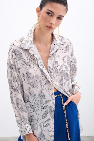 Sateen Desenli Saten Gömlek - Ekru-135962 Ekru