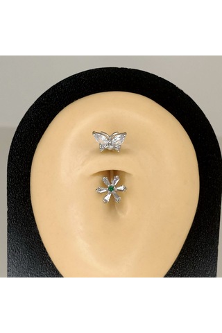 Aya Tasarım Gümüş Renk Kelebek Ve Çiçek Model Göbek Piercing Gümüş