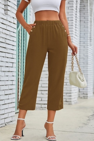 Simala Kadın Beli Lastikli Düğme Ve Cep Detaylı Kapri Ithal Keten Pantolon Hardal