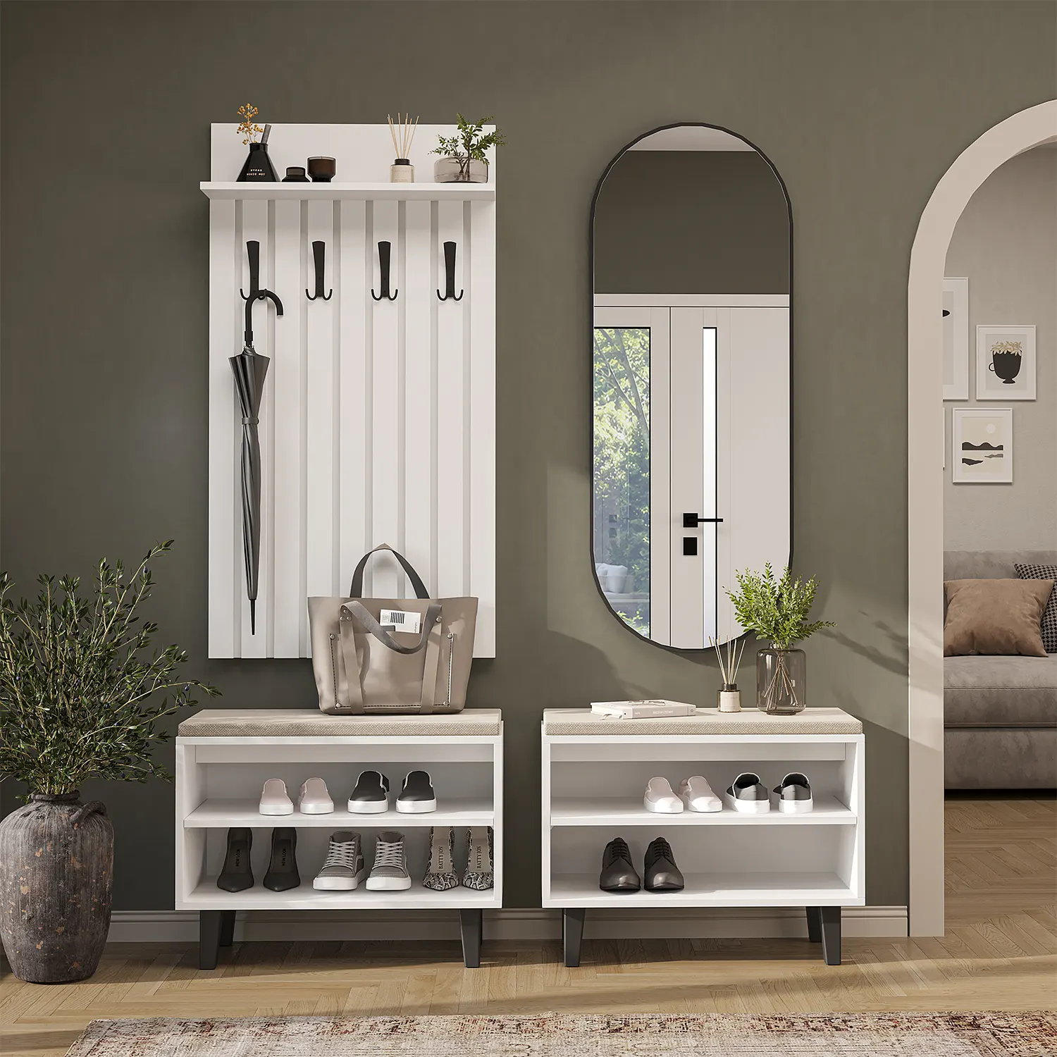 Nord Vestiyer Takımı Lambri Askılıklı, Bench, Modüler, Oval Aynalı Portmanto Takımı Beyaz