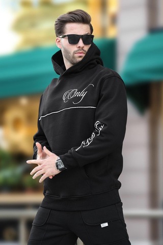 Madmext Siyah Kapüşonlu Şerit Detaylı Baskılı Erkek Sweatshirt 7091 Siyah