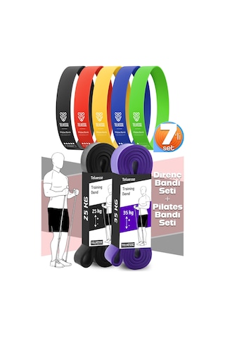 7li Mega Set 25+35 Kg + 5li Pilates Direnç Bandı Barfiks Lastiği Loop Band Mix Ton Çok Renkli