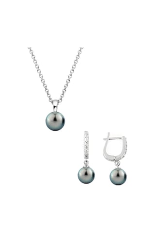 Gümüş Yuvarlak Model Kolye Küpe Siyah Inci Set 8 Mm