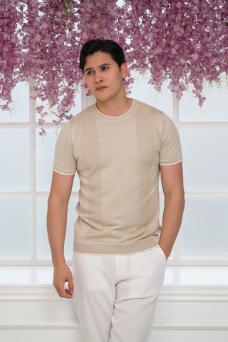 Advante Slimfit Kolları Lastikli Likralı Desenli Bisiklet Yaka Triko T-shirt Krem
