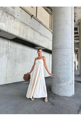 Dantelli Askılı Keten Elbise S4310 Bej