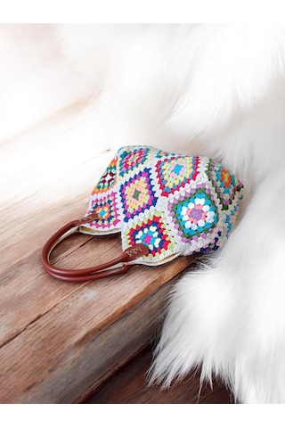 Embahandmde El Yapımı Renkli Granny Square Omuz Çantası Keten Astarlı Bohem Yazlık Kadın Çanta Krem - Bej