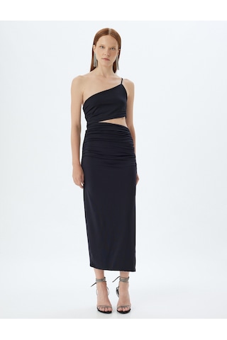 Koton Midi Elbise Yırtmaçlı Pencere Detaylı Tek Omuz Askılı Drapeli Slim Fit Siyah 4sak80220fk Siyah