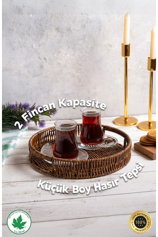 Yuvarlak Hasır Tepsi, Kulplu Sunum Tepsisi, Servis Tepsisi, Kahve Tepsisi, Keyif Tepsisi, Modern Hasır Tepsi - 25 Cm Kahverengi