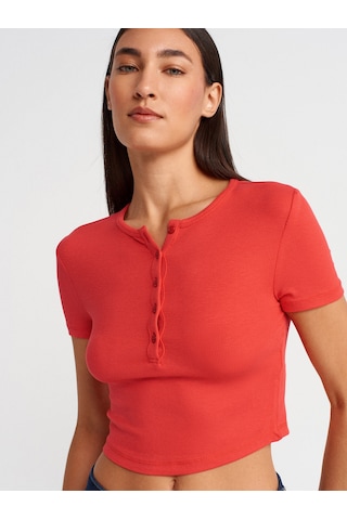Dilvin 31647 Düğme Detaylı Crop Top-kırmızı Kirmizi