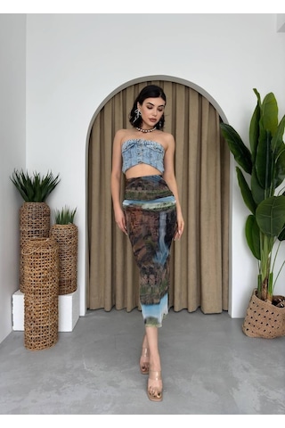 Etiler Collection Lara Transparan Midi Etek Desenli