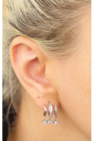 Zirkon Taşlı Yarım Halka Model Çelik Küpe Gümüş