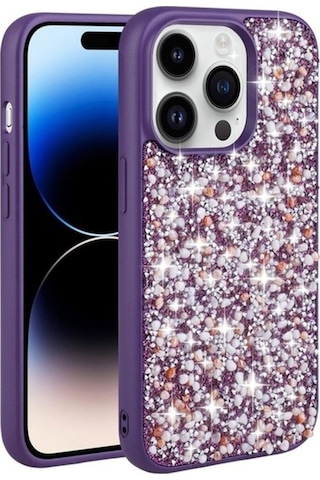 Apple Uyumlu iPhone 14 Pro Max Kılıf Parlak Taşlı Tasarım Zore Linea Kapak Derin Mor