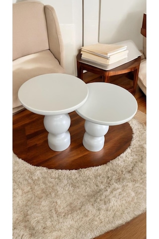 Simillo Wood Wooden Ahşap Beyaz Renk 2'li Set Fitilli Mantar Yan Sehpa Modern Fisko Kod:50499804547 Beyaz