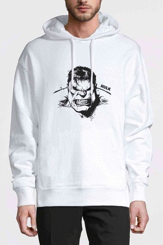 Hulk Sinirli Baskılı Beyaz Erkek Örme Kapşonlu Sweatshirt
