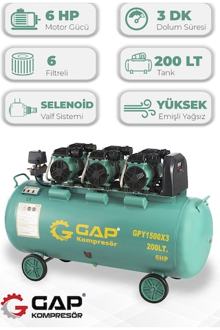Hava Kompresörü Yüksek Emişli Yağsız Teknoloji 200 lt GPY1500x3/200