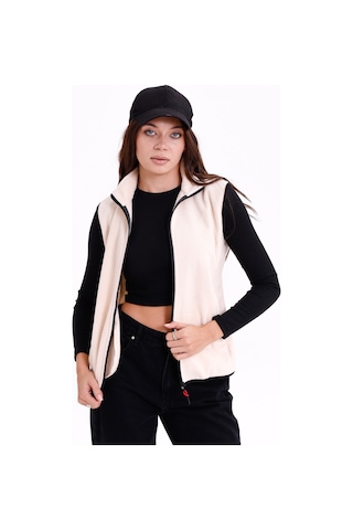 Monox Kadın Slim Fit Tam Fermuarlı Polar Yelek Bej