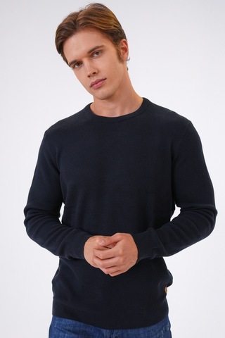 Siyah Regular Fit Jakarlı Pamuklu Bisiklet Yaka Triko-lacivert Lacivert