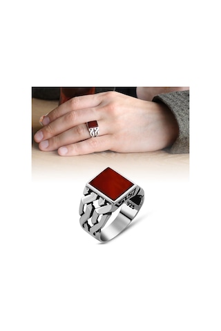 Zincir Tasarım Kırmızı Akik Taşlı 925 Ayar Gümüş Erkek Yüzük (429371152)