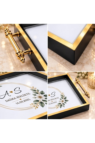 Bk Gift Kişiye Özel Siyah&gold Söz Nişan Tepsisi-7 - 39x23 Cm Çok Renkli