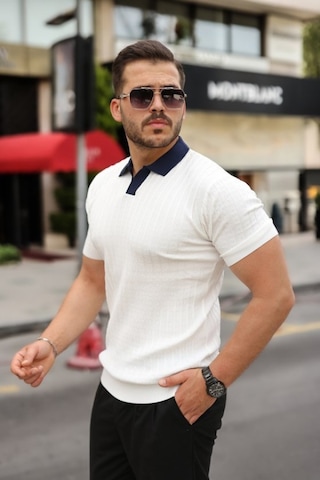 Efnaz Style Erkek Yaka Detaylı Desen Dokulu Triko Tişört Beyaz