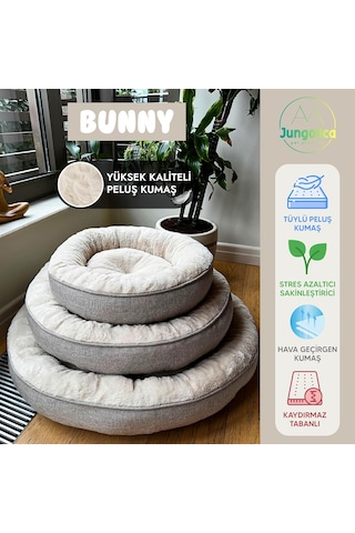 Bunny Kedi Ve Köpek Yatağı Bej 85x85x15 Cm Büyük, Donut Şekli, Yükseltilmiş Kenar, Ultra Yumuşak Peluş, Gergin