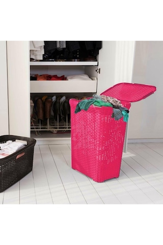 Hasır Desenli Plastik Pembe Çamaşır Sepeti & Pembe Çamaşır Selesi Pembe