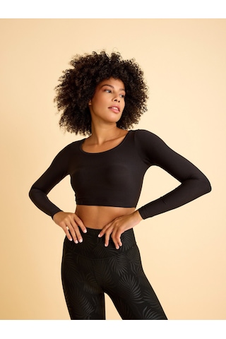 Lismina Uzun Kollu Crop Spor Tişört Siyah