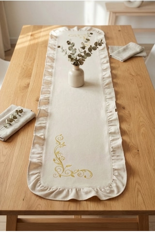 Nakış Detaylı Fırfırlı Masa Runner 40x120 Cm Şık Dekoratif Masa Ve Konsol Örtüsü Bej
