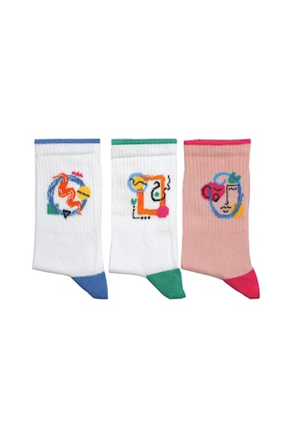 Kadın Çok Renkli Pamuklu Desenli Soket Çorap 3'lü Paket Çok Renkli