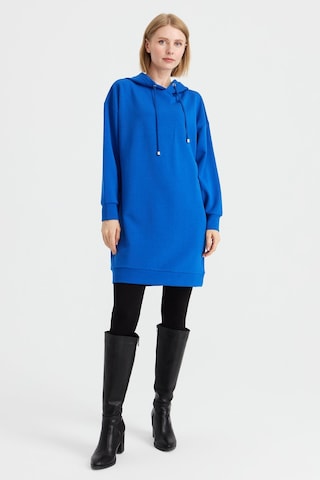 Desen Triko Kadın Kapüşonlu Sweat Elbise Saks Saks