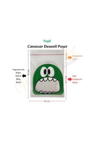 250 Adet Yeşil Canavar Desenli Cake Pop & Kurabiye Poşeti-10x15 Cm