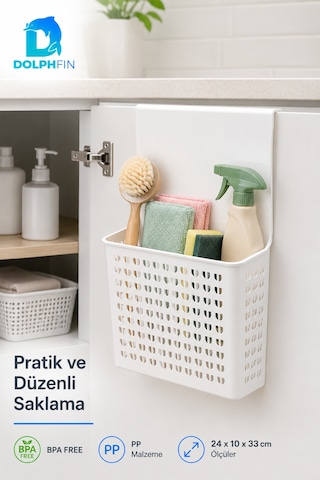 Büyük Askılı Dolap Organizeri 24x10x33 Cm Kapak Arkası Mutfak Banyo Düzenleyici Sepet Beyaz