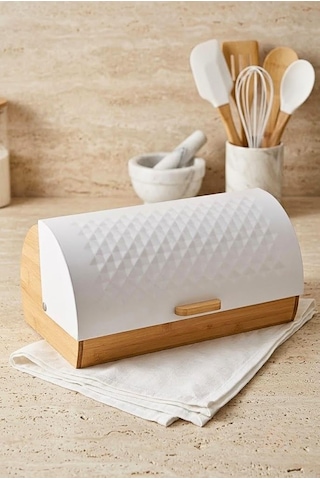 Bambu Gövdeli Beyaz Pane Ekmek Dolabı 38x25x18.5 Cm - Mekanizmalı Metal Kapaklı Ekmeklik