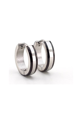 Gümüş Renk Şeritli Siyah Renk Paslanmaz Çelik Erkek Küpe E586 Gümüş