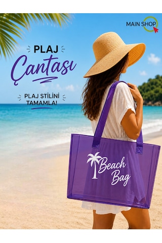 Mainshop Mor Şeffaf Beach Bag Kadın Plaj Çantası Büyük Hacimli M-plj01