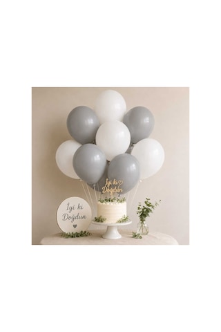 Beyaz & Gri Balon Seti 10'lu 5 Beyaz 5 Gri Doğum Günü Latex Parti Balonu Çok Renkli