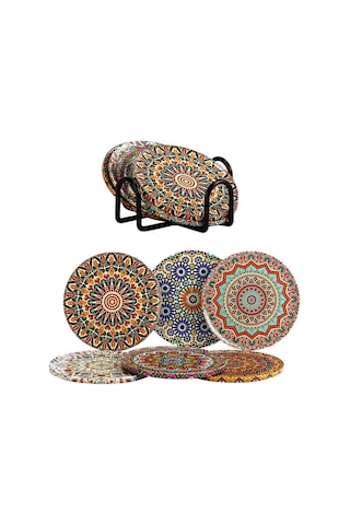 Gifthome 6 Lı Çini Desenli Autum Metal Bardak Altlığı Ve Metal Stand Genel