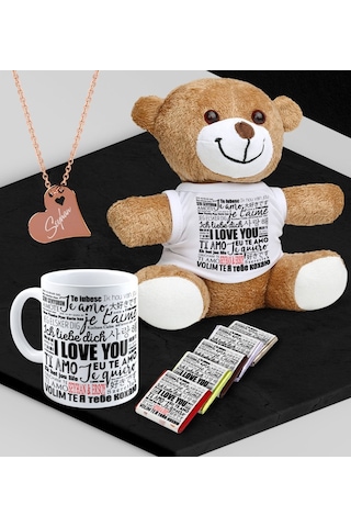 Kişiye Özel Sevgili Peluş Ayı Kupa Madlen Çikolata Ve Rose Kalp Kolye Set - 78