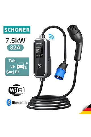 Schoner 7.5kw Taşınabilir Elektrikli Araç Şarj Istasyonu -tak Ve Şarj Et- Wi-fi/bluetooth Smart 5 Metre Tip2 Kablolu 7.4 kW