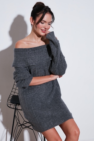 Lela Oversize Fit Kayık Yaka Uzun Kollu Mini Triko Bayan Elbise 4615218 Antrasit