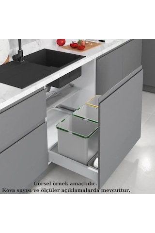 Starax 90cm Çekmece İçi Otomatik Çöp Kovası 36+3 Litre Gri 3kova Modül 90cm S-2565-g